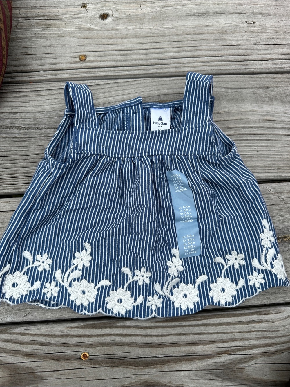 GAP Blue and White Striped Baby Tank Top with Floral Embroidery